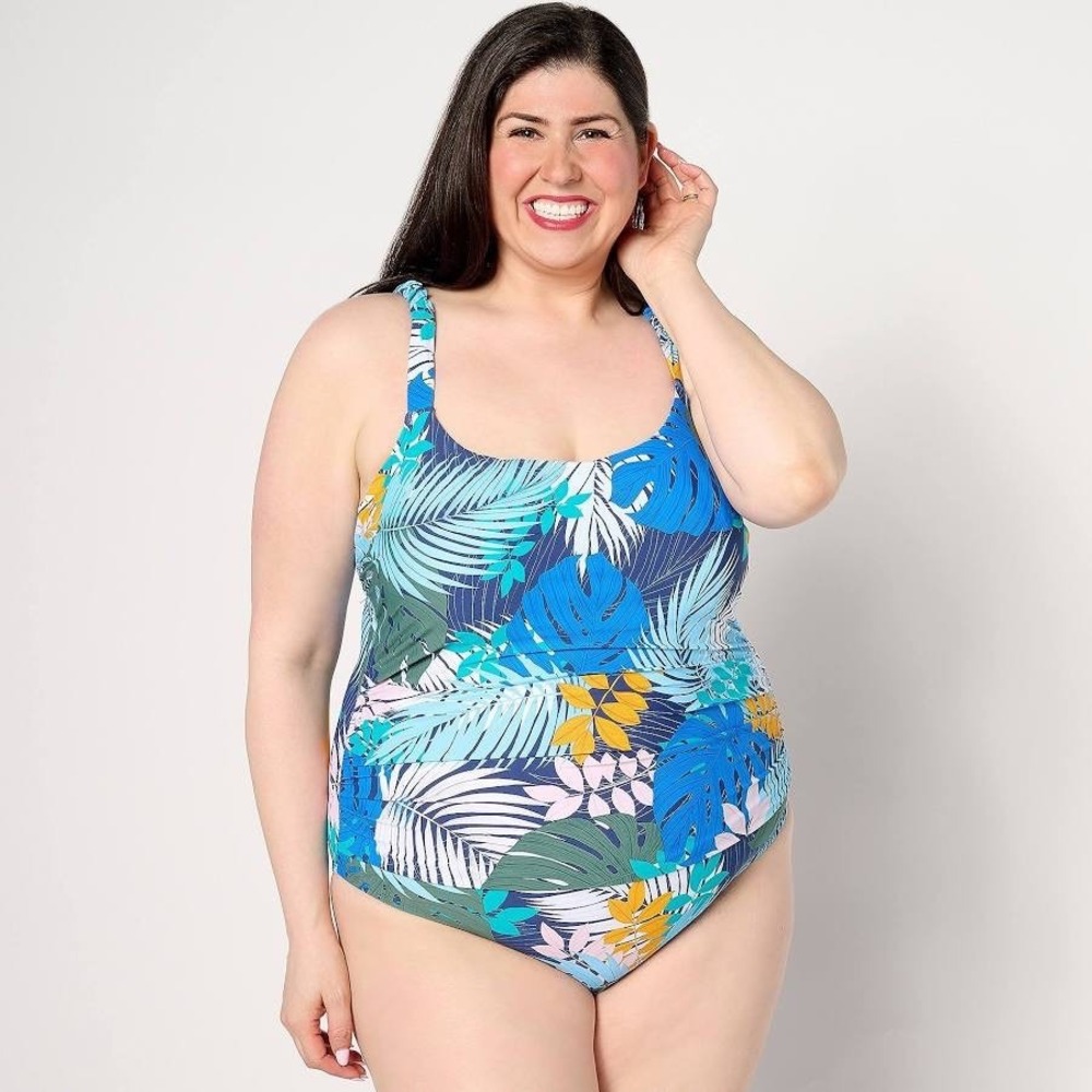 Jantzen Womens Tropical Leaf Tummy‎ Control One Piece Swimsuit Pantheon Blue 12